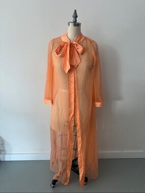 Vintage Sheer Bow Tie Long Duster - Peach/Coral